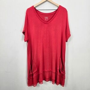 LOGO Lori Goldstein Tunic Top 2X Red Jersey Short Sleeve Chiffon Trim